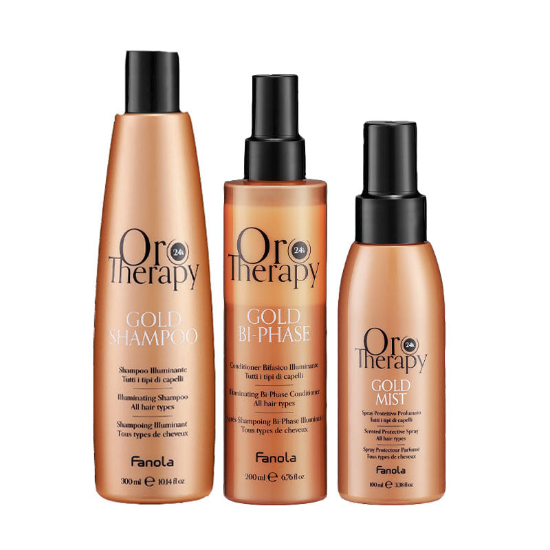 FANOLA Kit Oro Therapy Gold Shampoo 300ml + Conditioner Bifasico 200ml + Spray protettivo 100ml