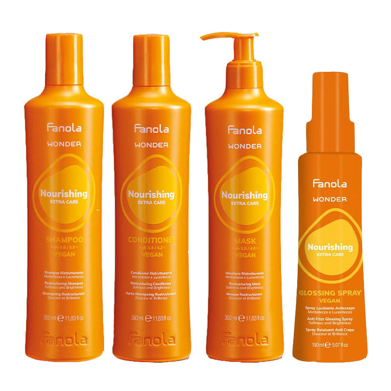 FANOLA Kit Wonder Nourishing Shampoo 350ml + Conditioner 350ml +  Mask 350ml + Glossing Spray 150ml