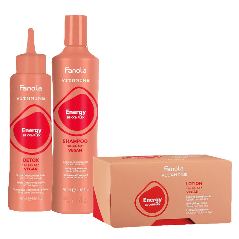 FANOLA Kit Vitamins Energy Vegan Scrub 195ml + Shampoo 350ml + Lotion 12x10ml