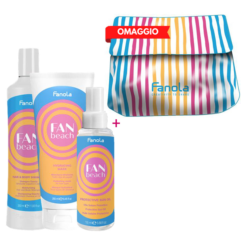FANOLA Kit Fanbeach Hair &  Body Shampoo 350ml + Mask 250ml +  Protective Sun Oil 100ml + Omaggio Pochette