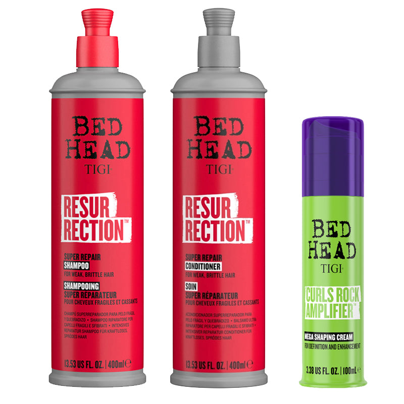 TIGI Kit Bed Head Resurrection Repair Shampoo 400ml + Conditioner 400ml + Curls Rock 100ml