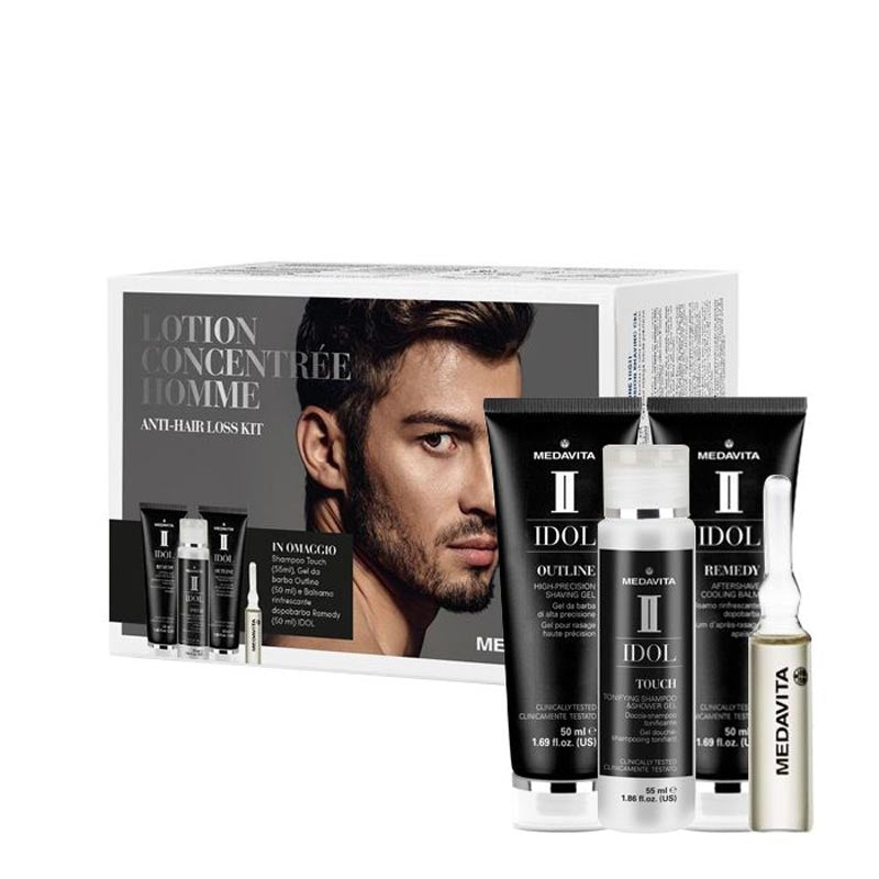 MEDAVITA Kit Lotion Concentrée Homme  Trattamento Intensivo Anticaduta Uomo Fiale 13x6ml + Shampoo + Gel Barba + Dopobarba