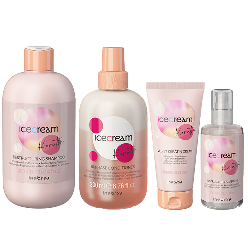 INEBRYA Kit Ice Cream Keratin shampoo 300ml + Conditioner 200ml + Cream 100ml + Serum 100ml