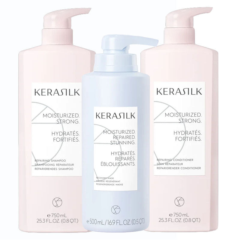 KERASILK Kit Essentials Reparing Shampoo 750ml + Mask  500ml + Conditioner 750ml