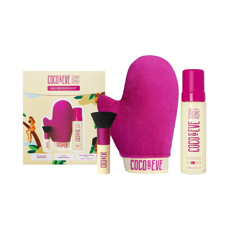 COCO & EVE Set Sunny Honey Bali Bronzing Foam Dark 200ml + Kabuki Brush +  Self Tan Application Mitt