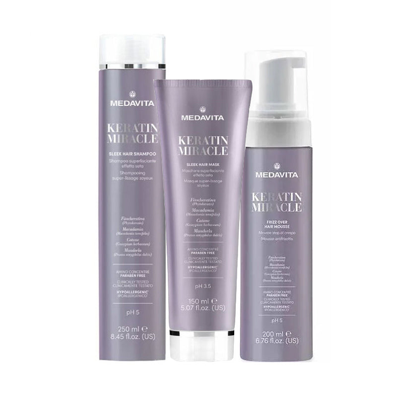 MEDAVITA Kit Keratin Miracle Sleek Hair Shampoo 250ml + Mask 150ml + Mousse 200ml