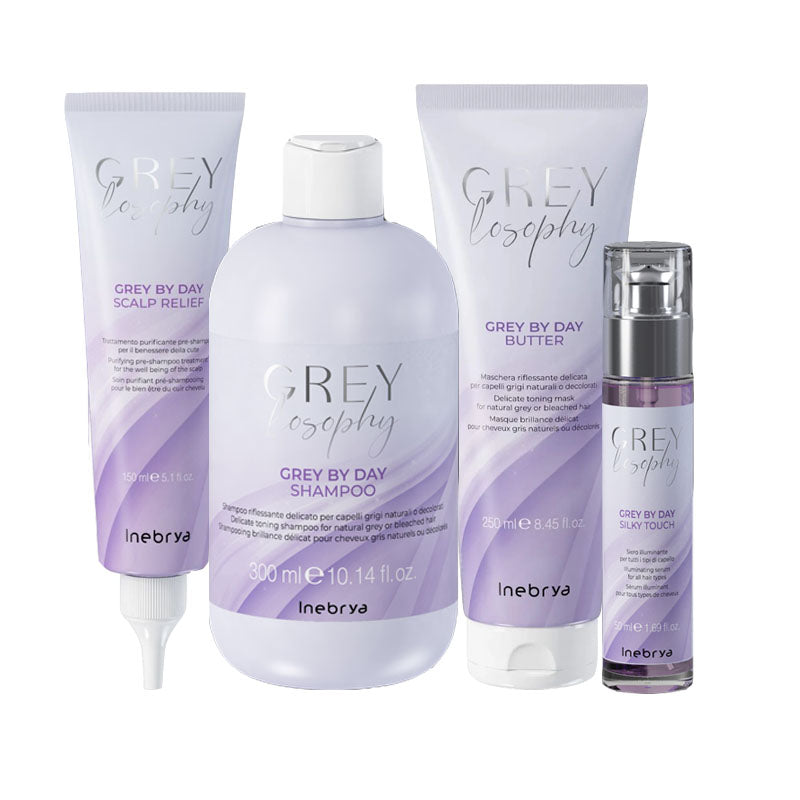 INEBRYA Kit Greylosophy Grey By Day Pre Shampoo 150ml + Shampoo 300ml + Maschera 250ml +  Silk Touch 50ml