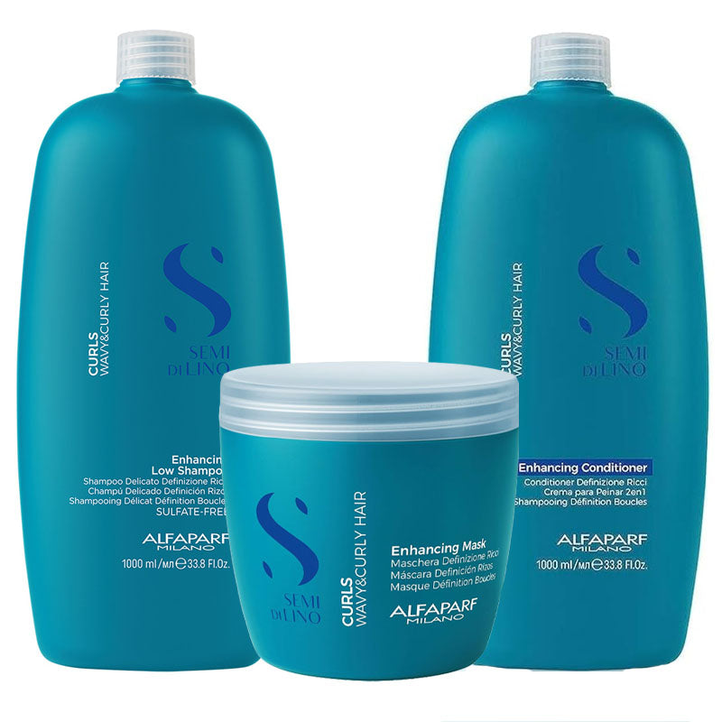 ALFAPARF MILANO Kit Semi Di Lino Curls Enhacing Shampoo 1000ml + Mask 500ml + Conditioner 1000ml