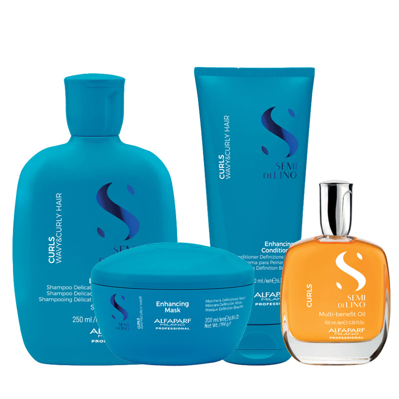 ALFAPARF MILANO Kit Semi Di Lino Curls Enhacing Shampoo 250ml + Mask 200ml + Conditioner 200ml + Oil 100ml