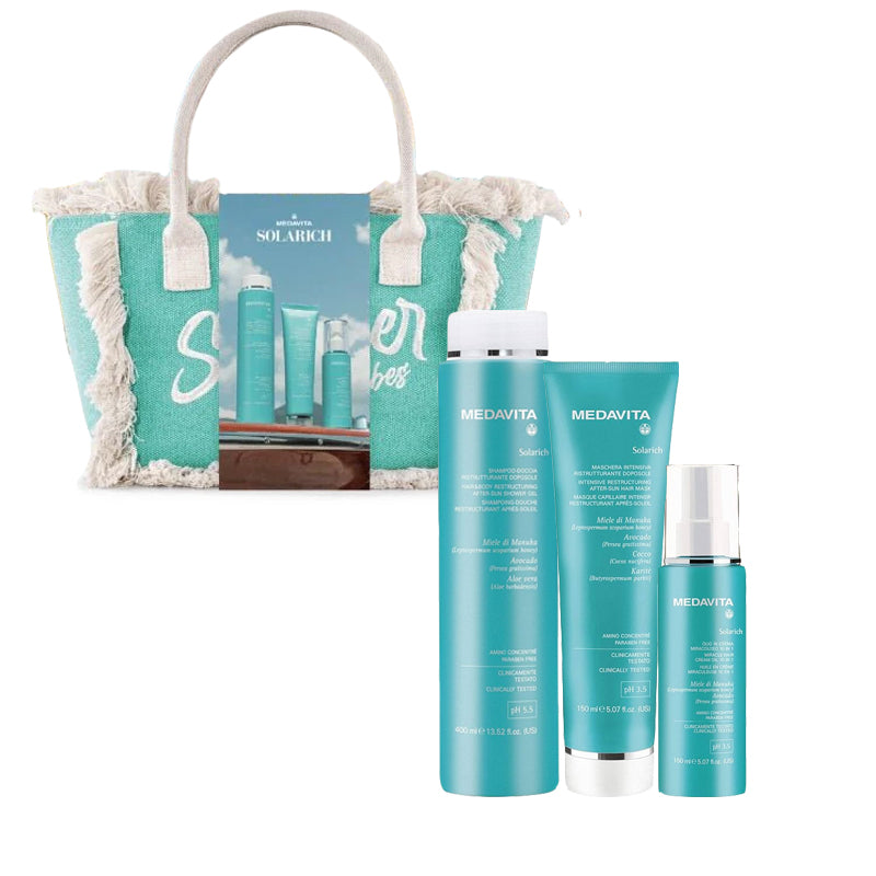 MEDAVITA Set Solarich Con Borsa Mare Shampoo Doccia Celeste 400ml + Maschera 150ml + Olio In Crema 10 In 1 150ml