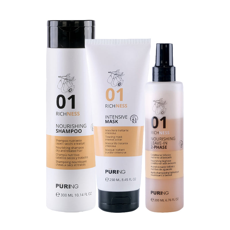 PURING Kit Richness Nourishing Shampoo 01 300ml +  Mask 250ml + Conditioner  Leave In 2 Phase 200ml