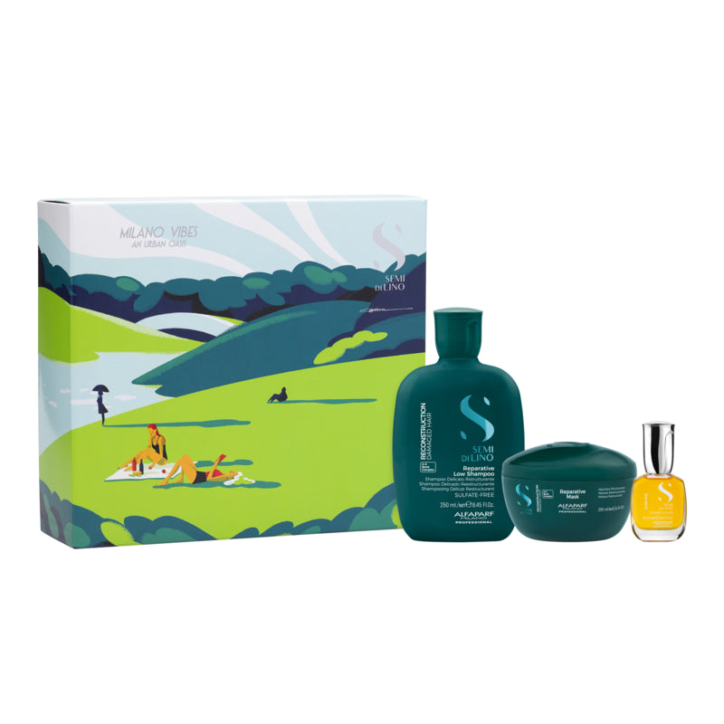 ALFAPARF MILANO Set Holiday Semi Di Lino Reconstruction Shampoo 250ml + Mask 200 + Oil 15ml