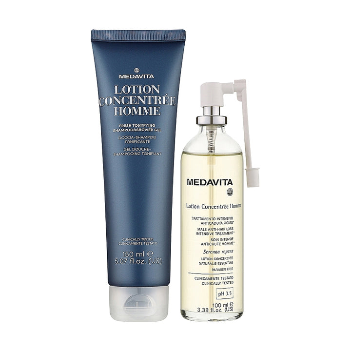 MEDAVITA Set Lotion Concentrée Homme Shampoo & Shower 150ml +  Trattamento Anticaduta Spray 100ml