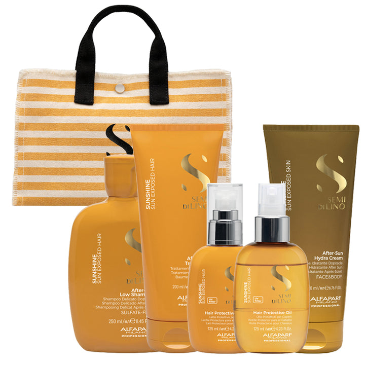 ALFAPARF MILANO Kit Semi Di Lino Sunshine Shampoo 250ml + Treatment 200ml + Protective Milk 125ml + Oil 125ml + Hydra Cream 200ml + Bag Omaggio