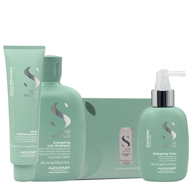 ALFAPARF MILANO Kit Semi Di Lino Scalp Scrub 150ml + Energizing Low Shampoo 250ml + Tonic 125m +  Lotion 125ml